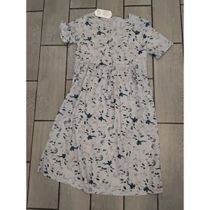 Yuqi Floral Leaf Print Faux Wrap Midi Dress White Blue Short Sleeve Pockets M